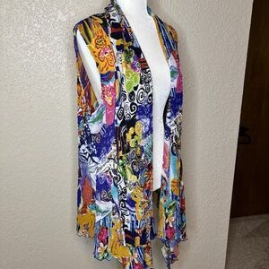 Pleats Collection Red Yellow Art To Wear Open Front Cardigan Vest Womens Size XL